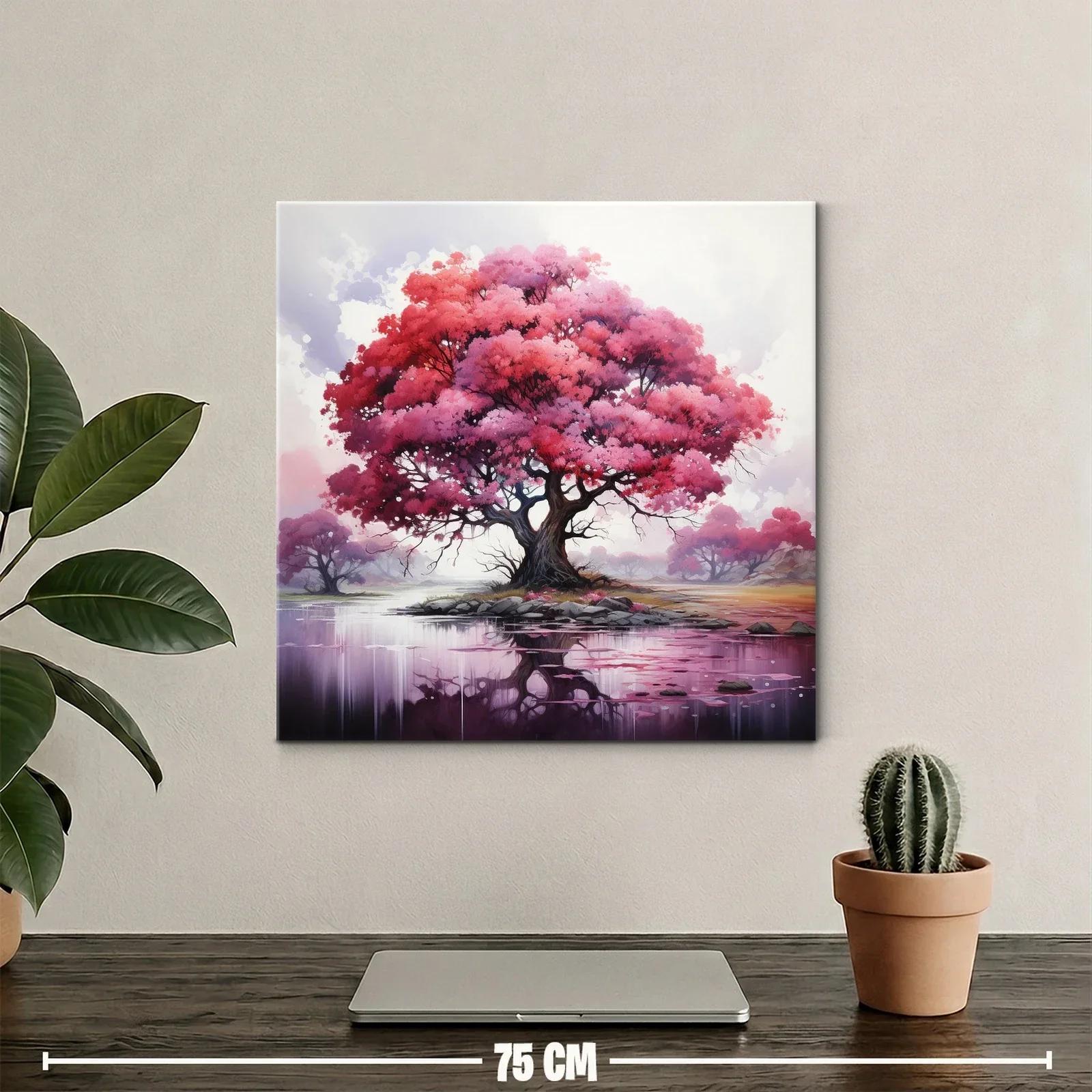 Árbol rosa con reflejo en lago sereno y místico — miniatura 2
