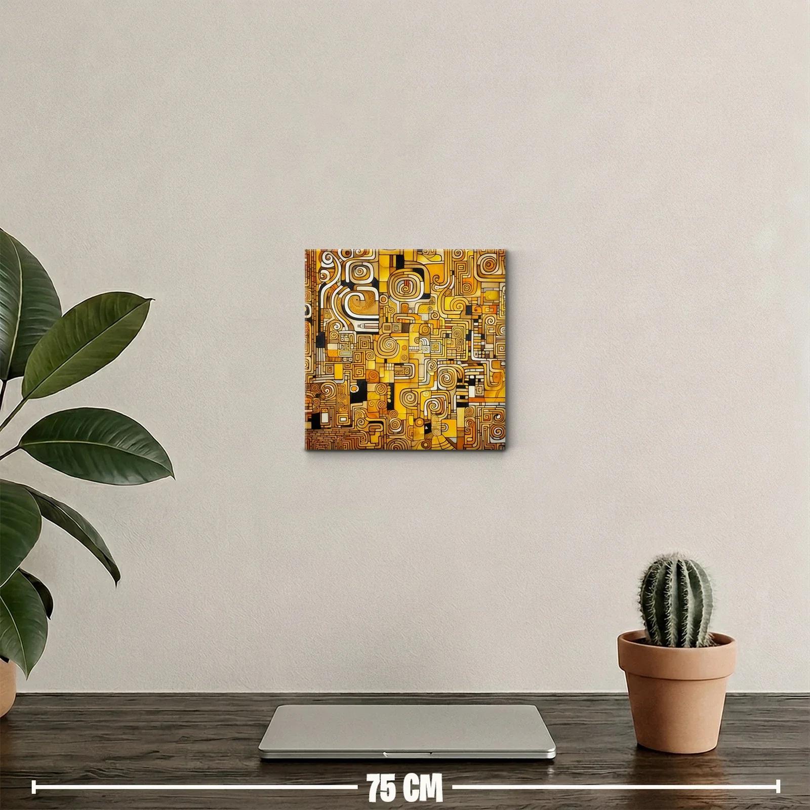 Cuadro abstracto en tonos dorados con patrones geométricos — miniatura 2