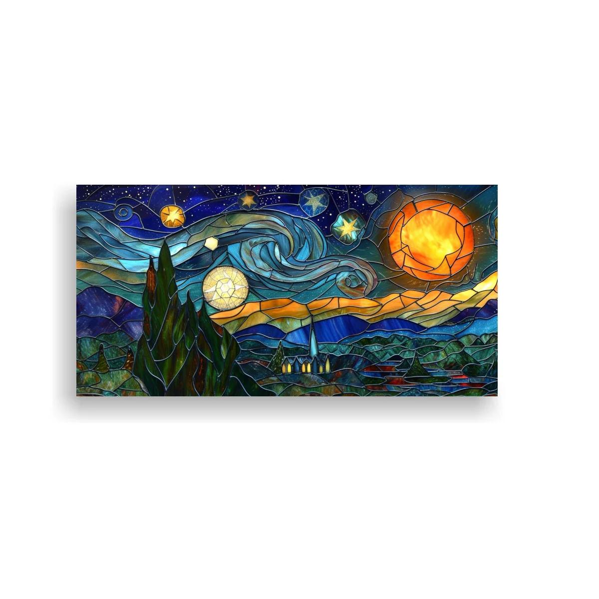 Cuadro paisaje nocturno con luna y sol y cipreses