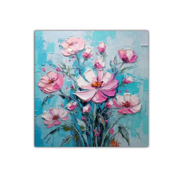 Cuadro floral con flores rosas y fondo azul vibrante