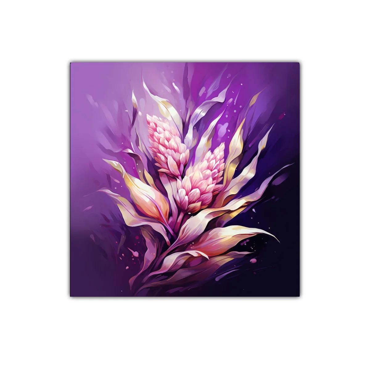 Cuadro floral abstracto en tonos morados y durazno