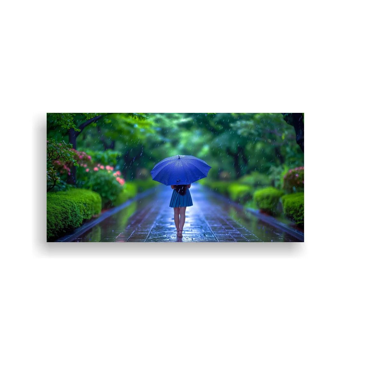 Cuadro persona con paraguas azul en jardín lluvioso