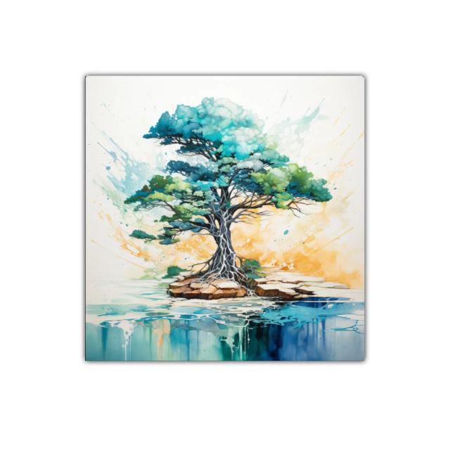Árbol vibrante sobre isla con reflejos acuáticos