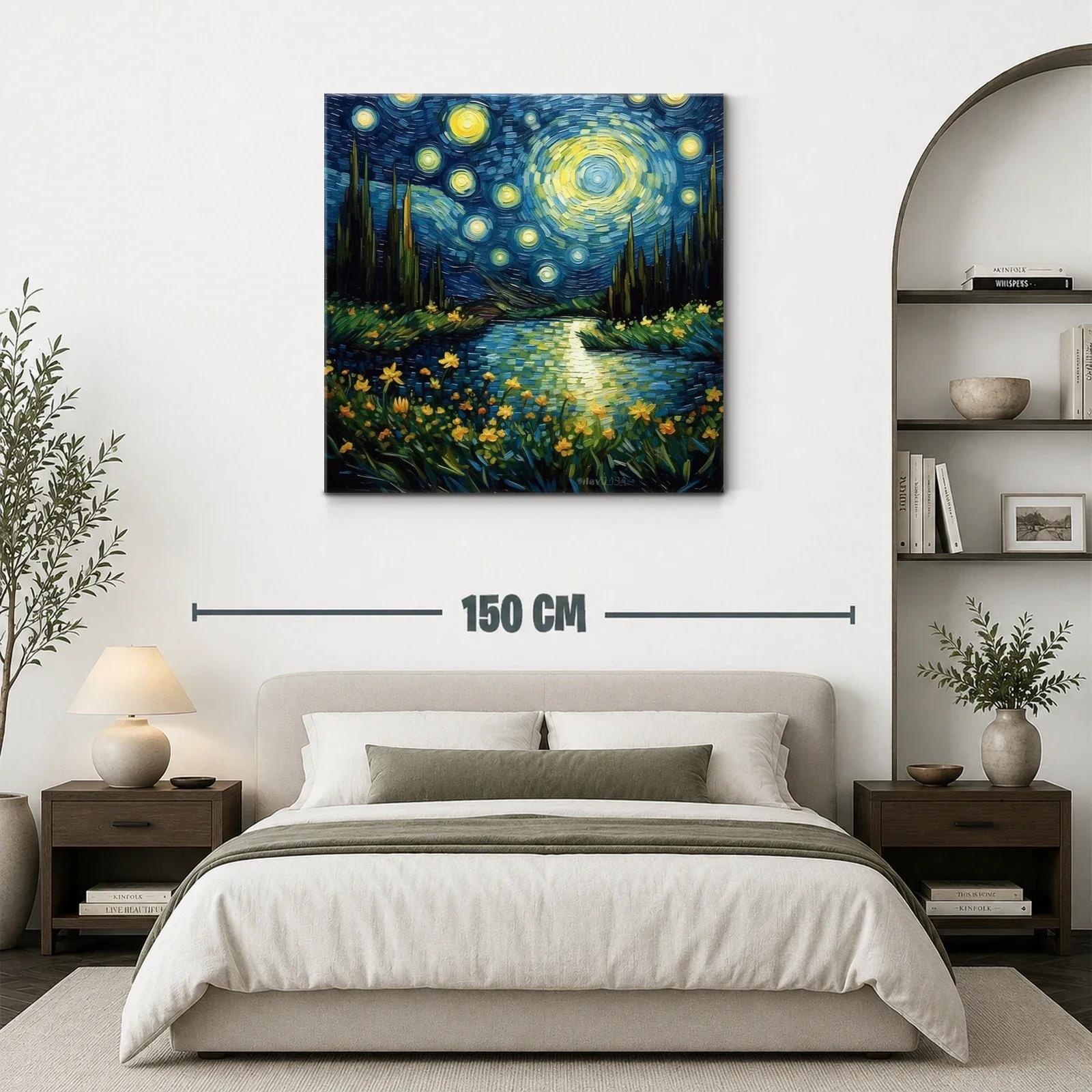 Paisaje nocturno estrellado con flores luminosas y río sereno — miniatura 3