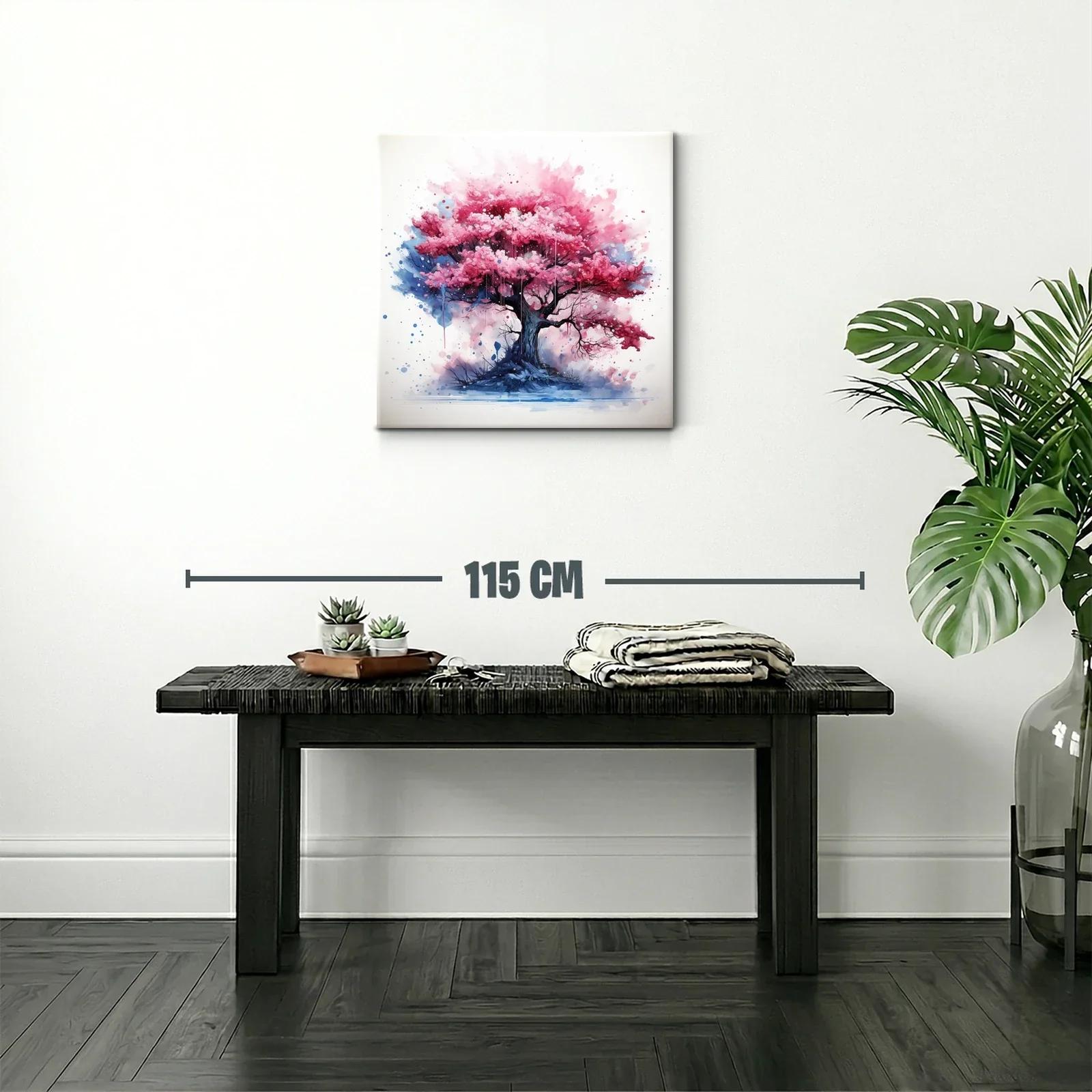 Árbol en tonos rosas vibrantes con fondo azul y blanco — miniatura 2