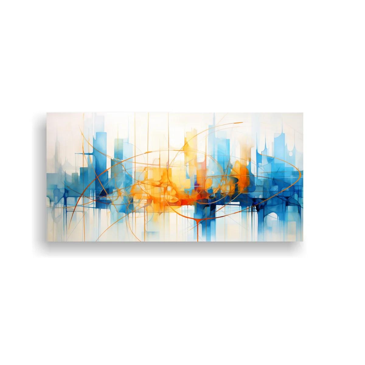 Cuadro skyline abstracto con veladuras azules y acentos dorados