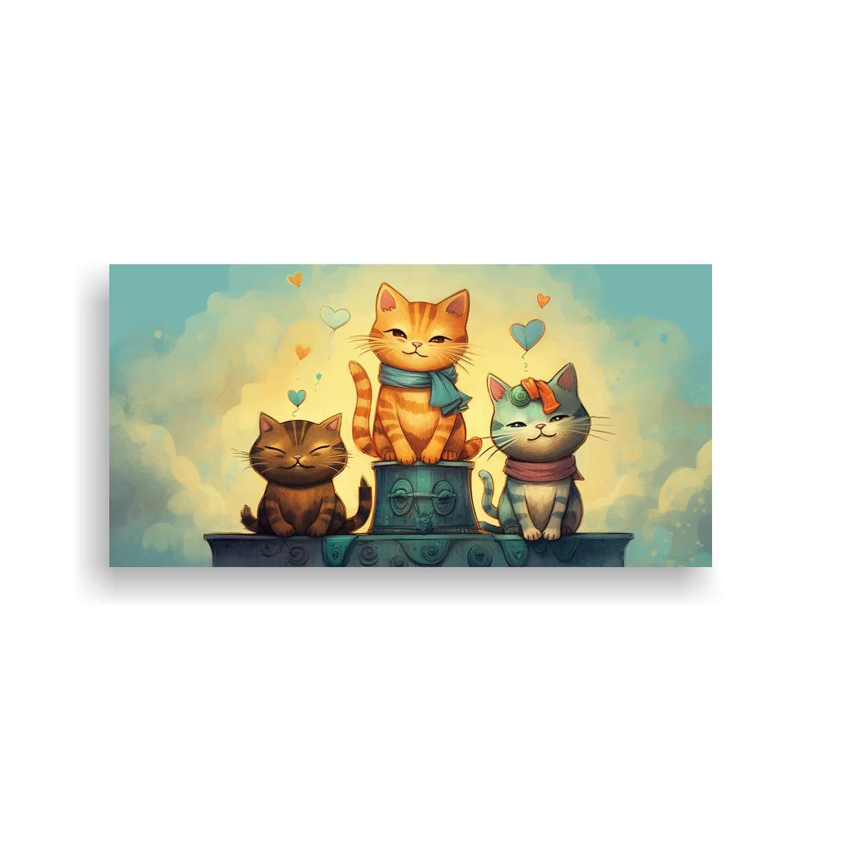 Cuadro tres gatos sobre repisa decorada