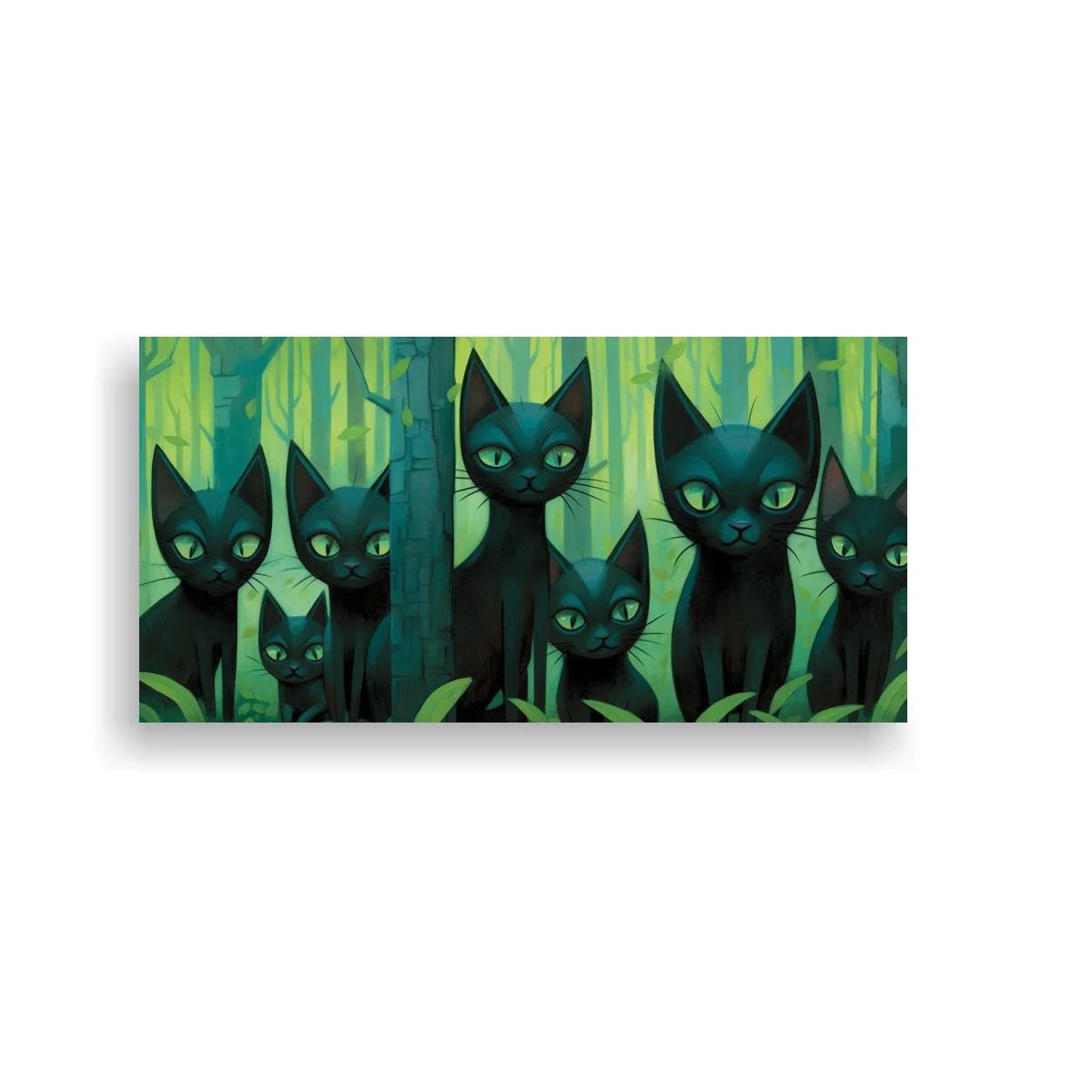 Cuadro gatos negros de ojos verdes entre la vegetación