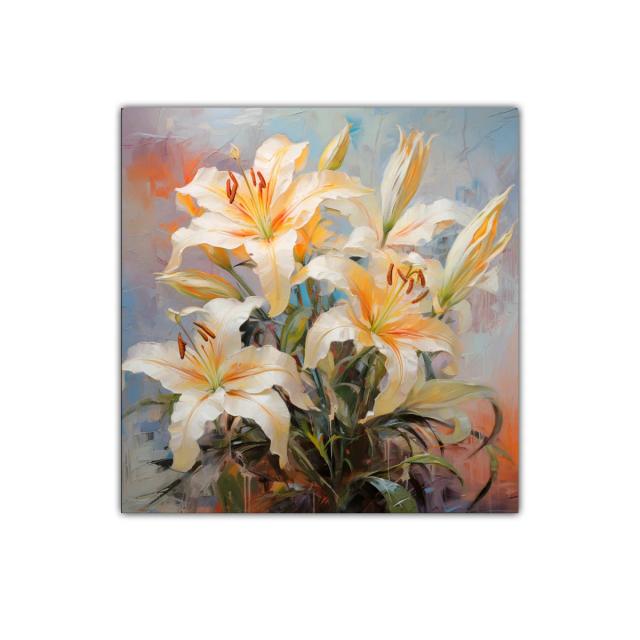 Cuadro decorativo con bouquet de lirios blancos y tonos cálidos