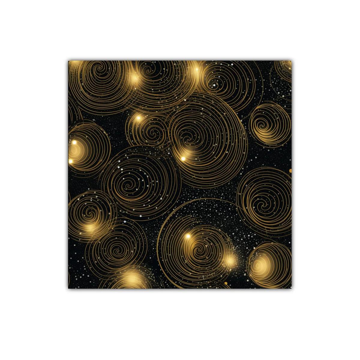 Cuadro abstracto con espirales doradas sobre fondo oscuro