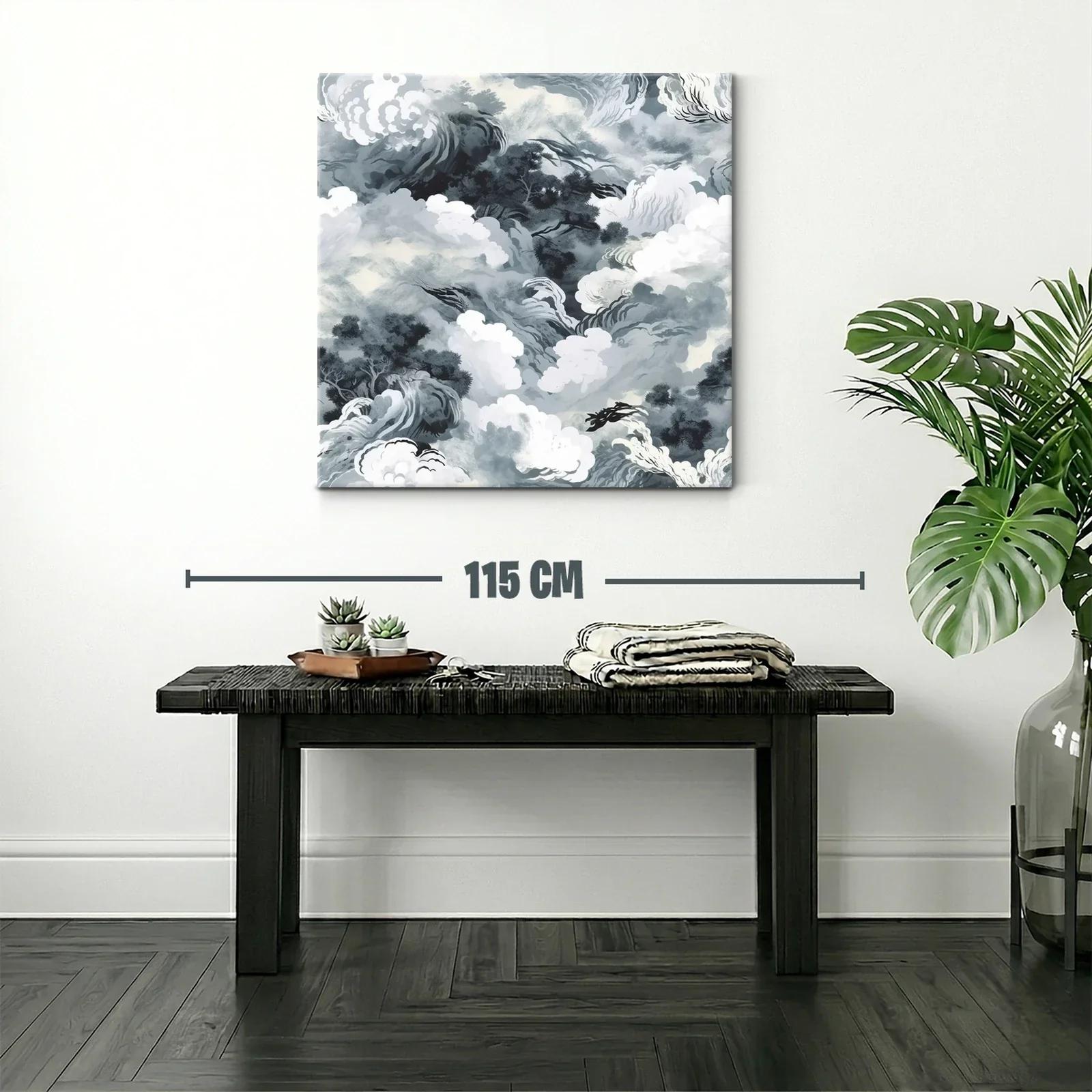 Cuadro abstracto con formas de nubes y árboles en tonos grises — miniatura 2
