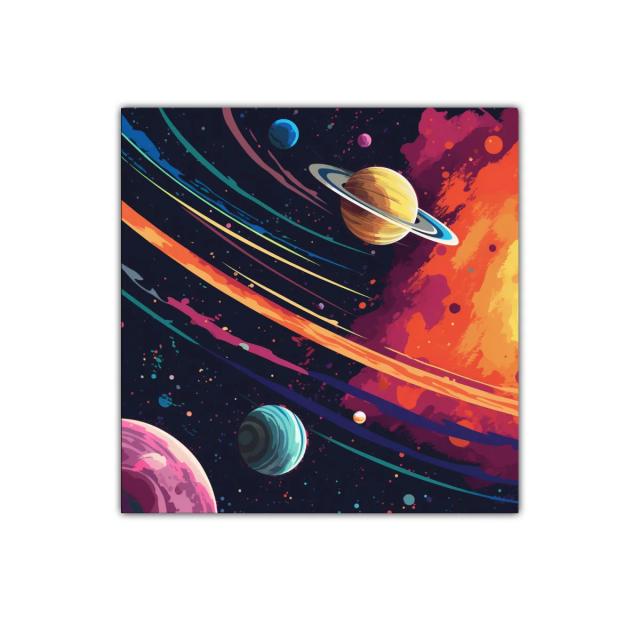 Explosión cósmica con planetas y anillos coloridos