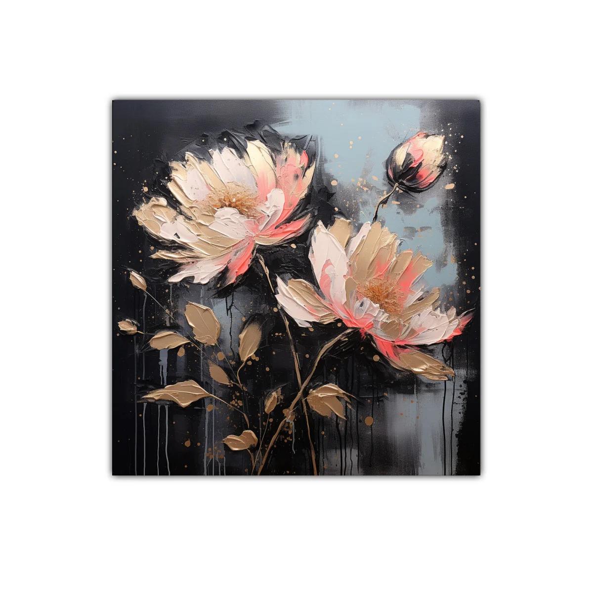 Flores abstractas en tonos dorados y coral sobre fondo oscuro — imagen principal