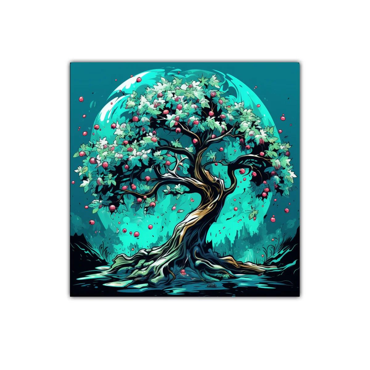 Árbol frondoso con frutos rojos sobre fondo azul vibrante — imagen principal