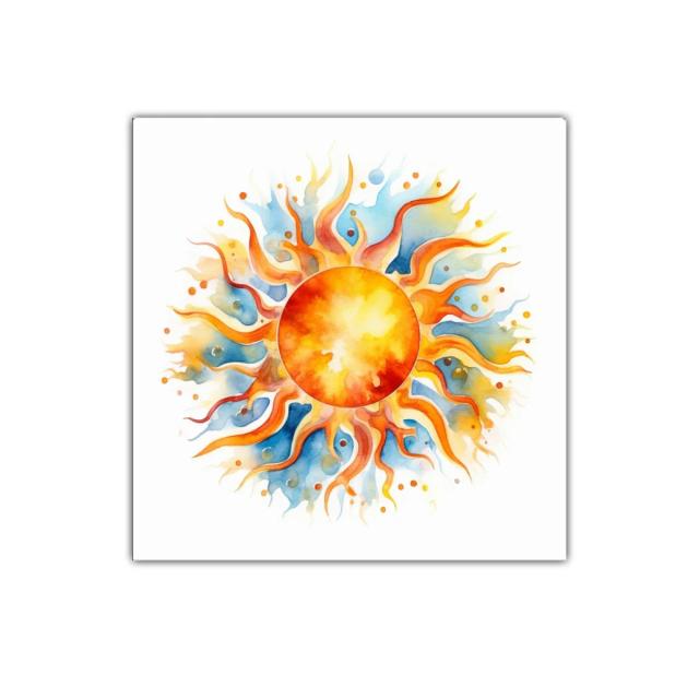 Sol radiante con flamas naranjas y tonos azules de acuarela