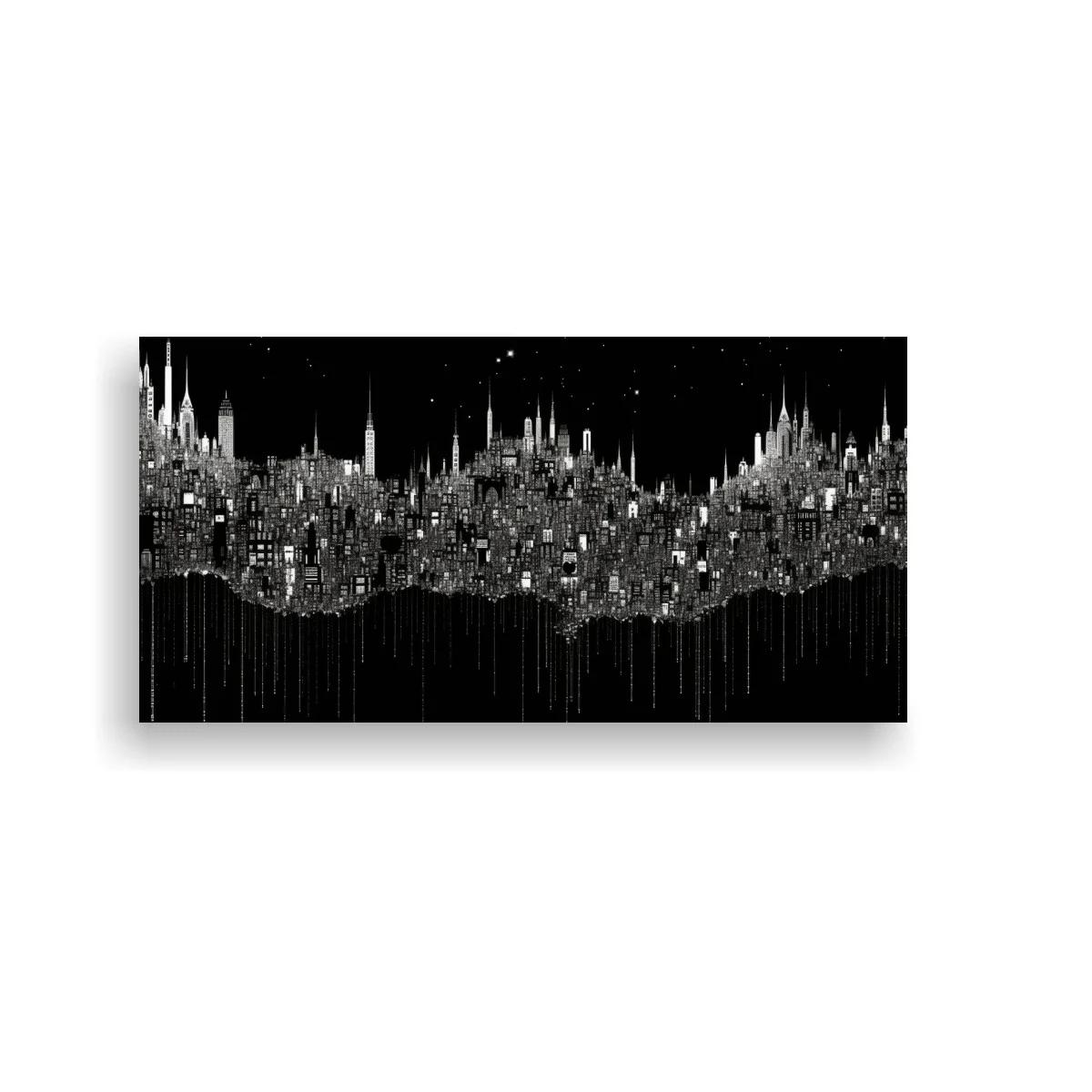 Cuadro skyline urbano en blanco y negro con luces de ventanas
