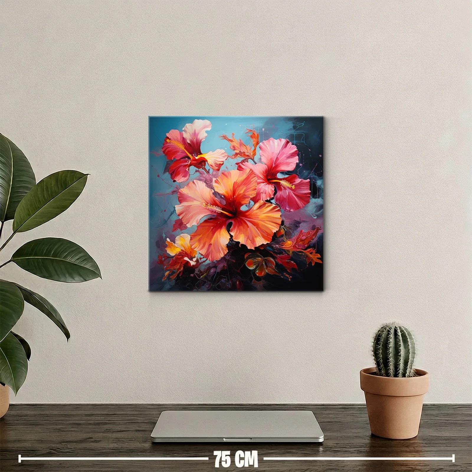 Cuadro floral con vibrantes tonos cálidos y fondo azul — miniatura 2