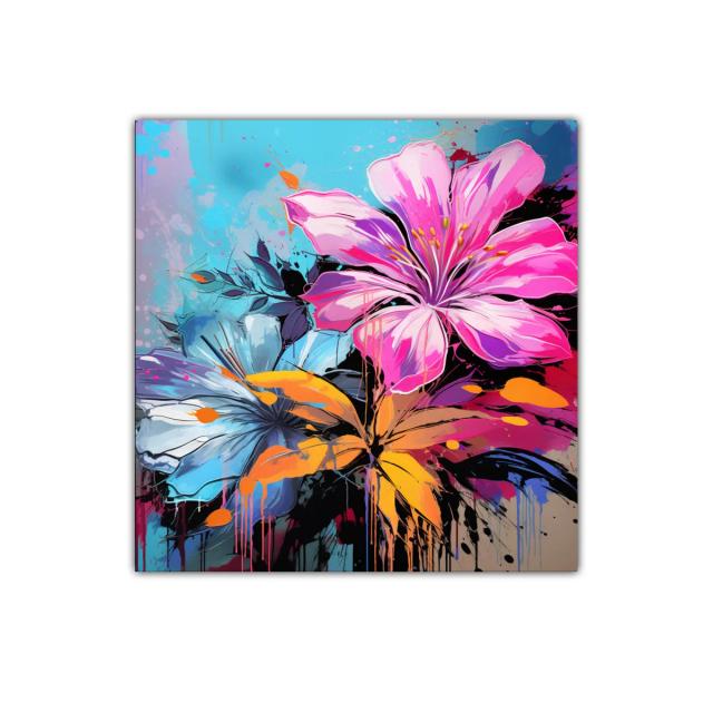 Cuadro vibrante con flores en tonos rosa y azul