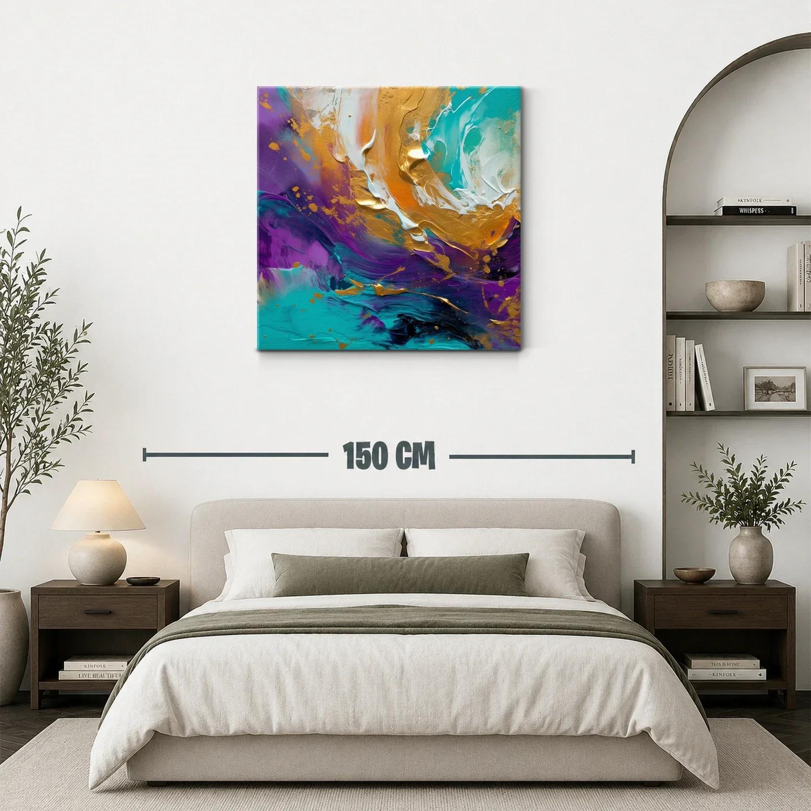 Cuadro abstracto con vibrantes tonos turquesa y dorado — miniatura 3