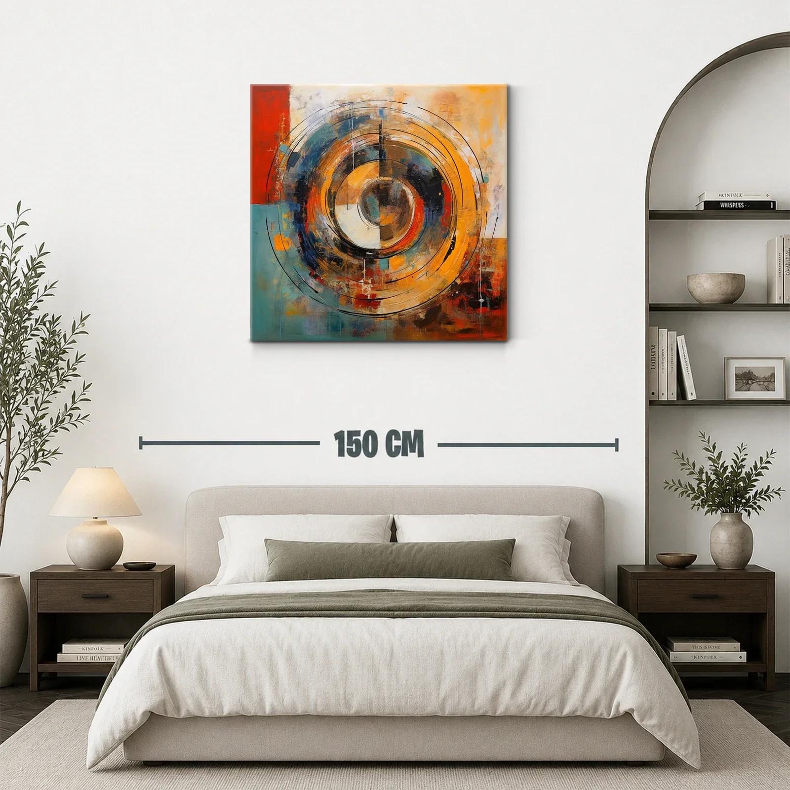 Cuadro abstracto con círculos concéntricos en tonos cálidos y fríos — miniatura 3