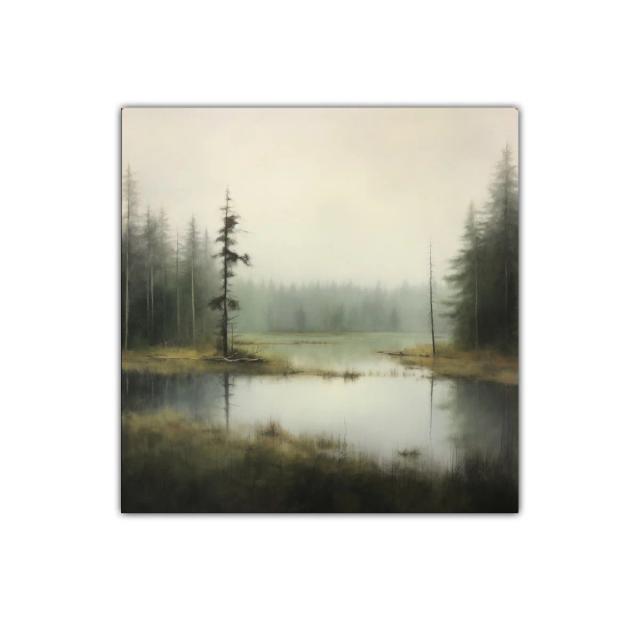 Paisaje Brumoso con Lago y Árboles Silvestres