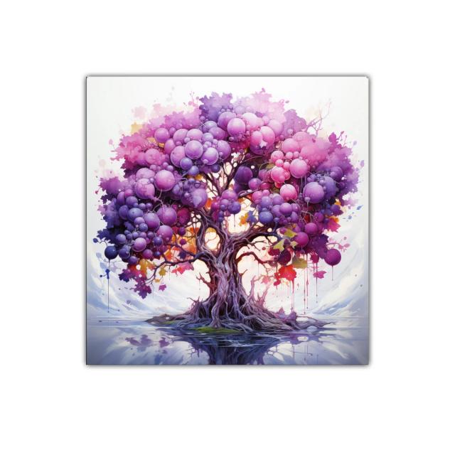 Árbol colorido con frutos en tonos violetas y rosas