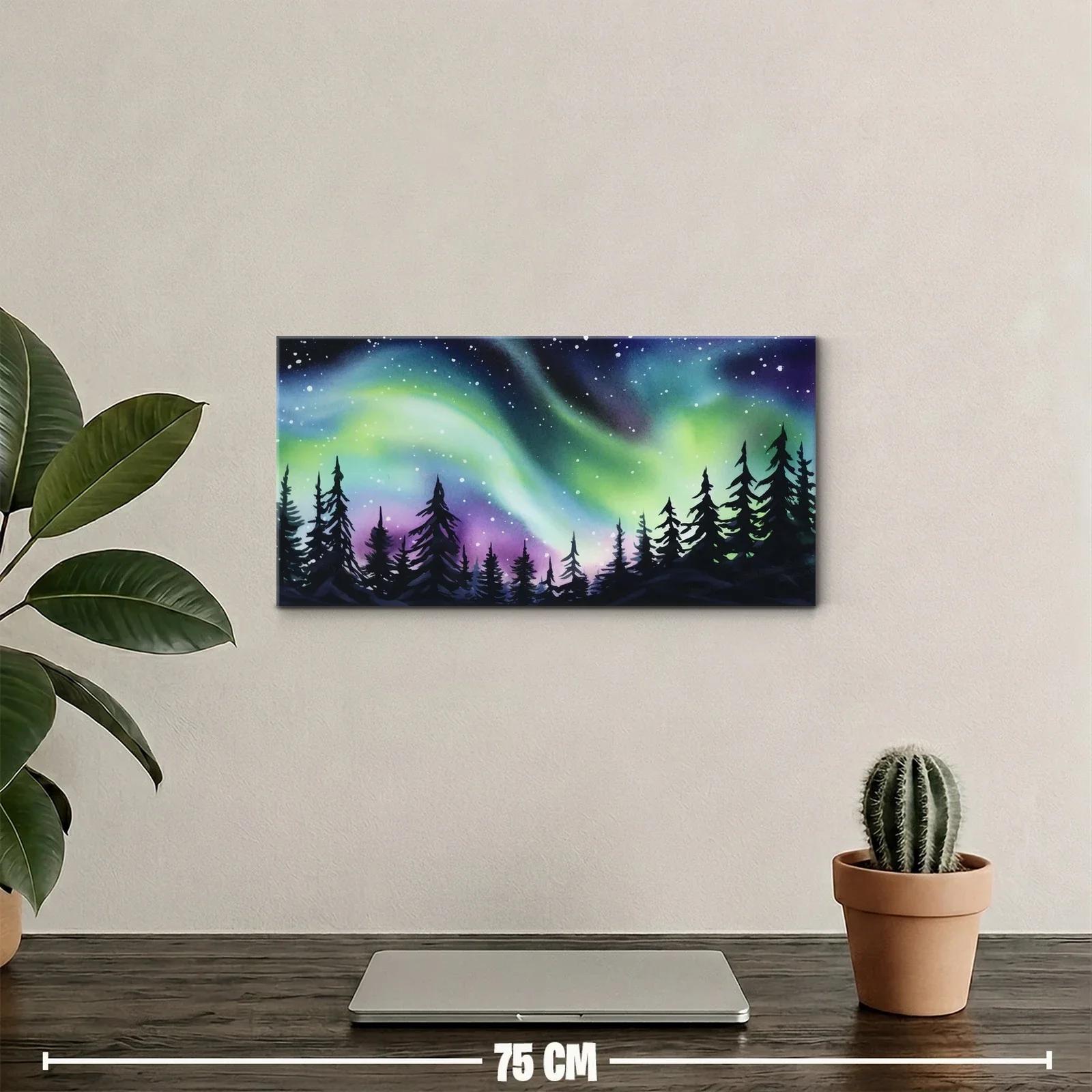 Cuadro aurora boreal sobre bosque en silueta — miniatura 2