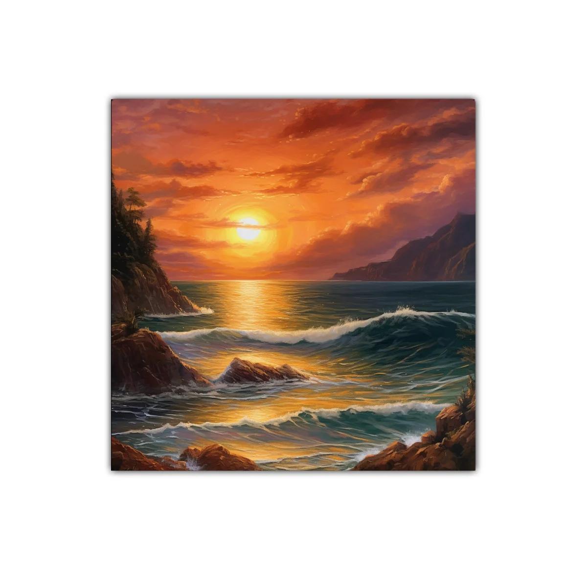 Atardecer dorado en costa con olas y rocas — imagen principal