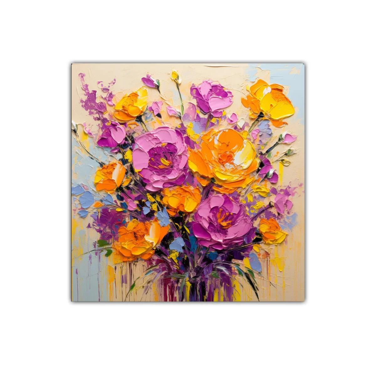 Cuadro vibrante con ramo floral en tonos cálidos y morados — imagen principal