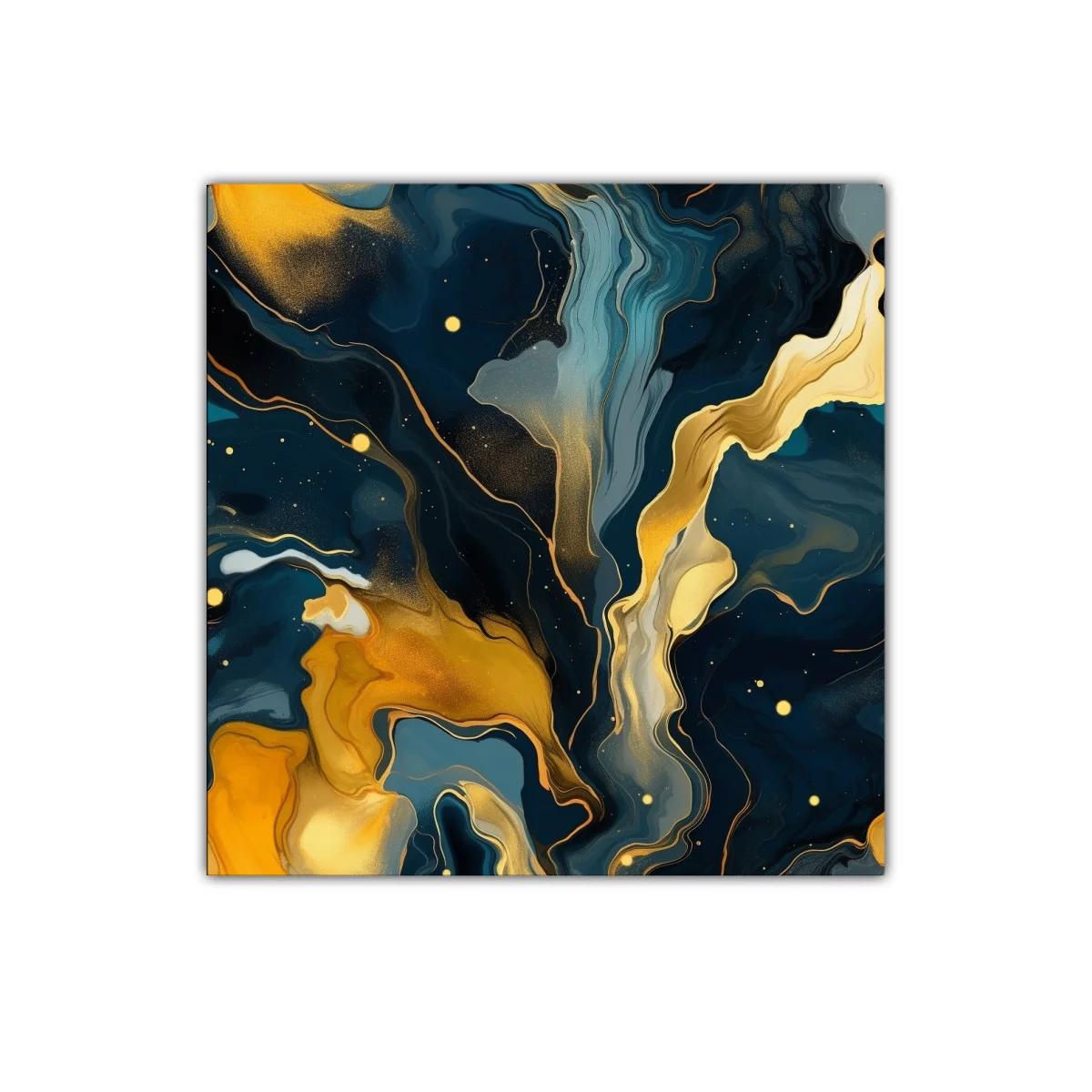 Cuadro abstracto con tonos dorados y azules intensos