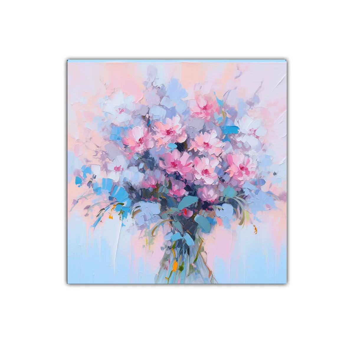 Cuadro decorativo ramo floral en tonos pastel y azul