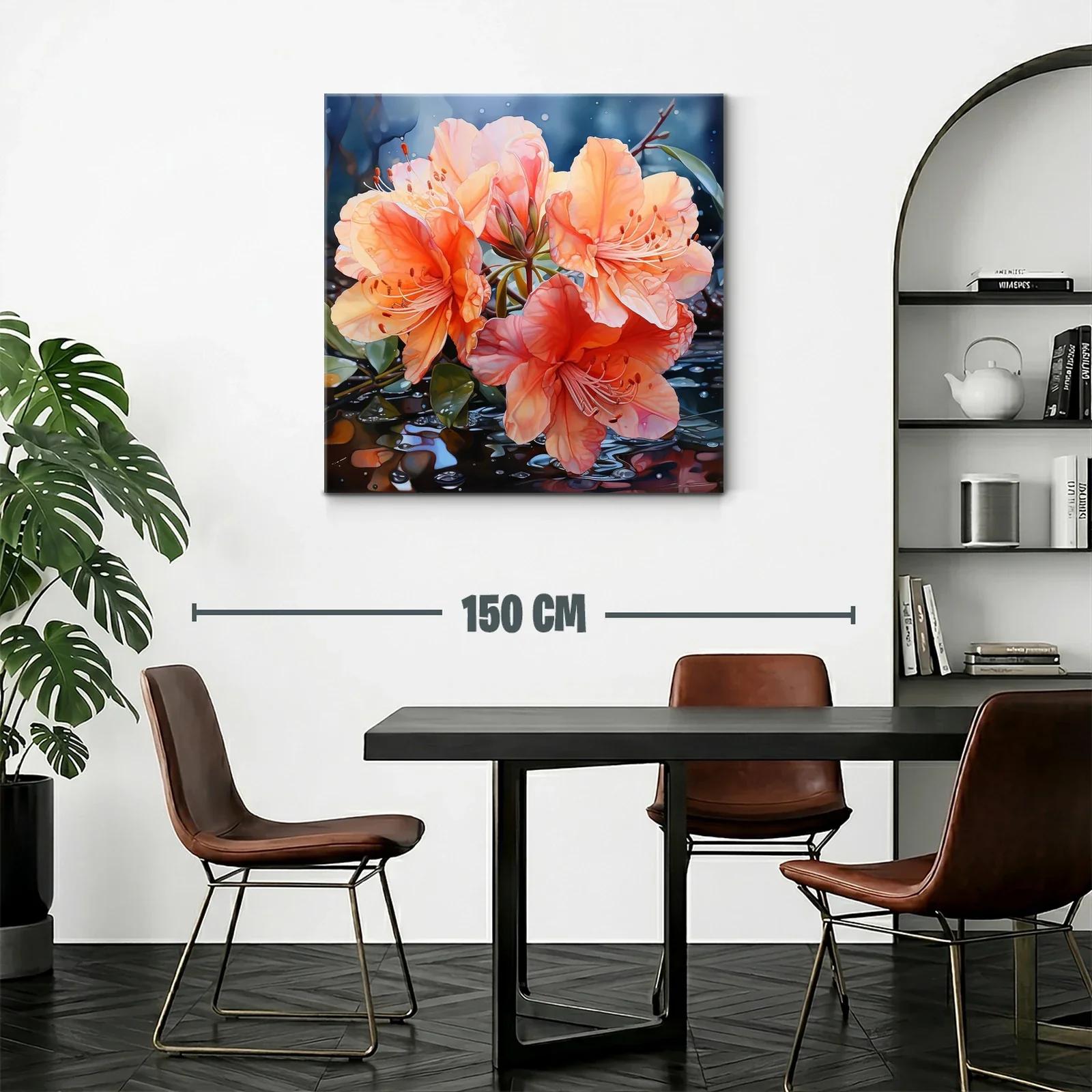 Cuadro vibrante con flores naranjas y reflejos acuáticos — miniatura 2