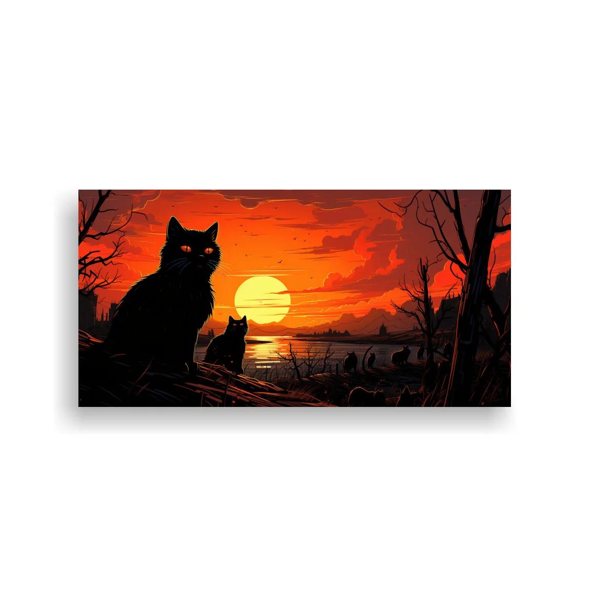 Cuadro gato negro junto al agua con gran atardecer — imagen principal
