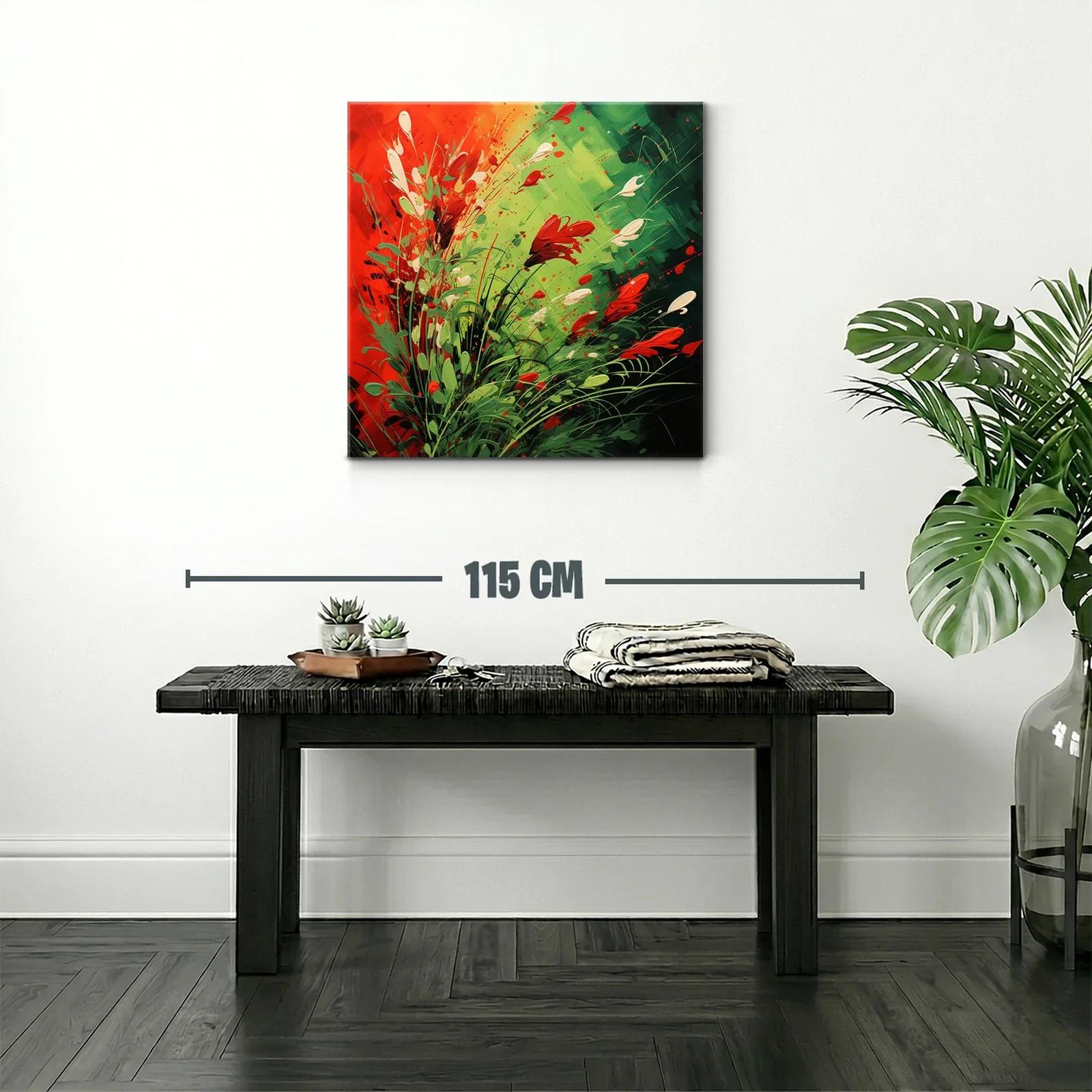 Cuadro vibrante con explosión de flores rojas y verdes — miniatura 2