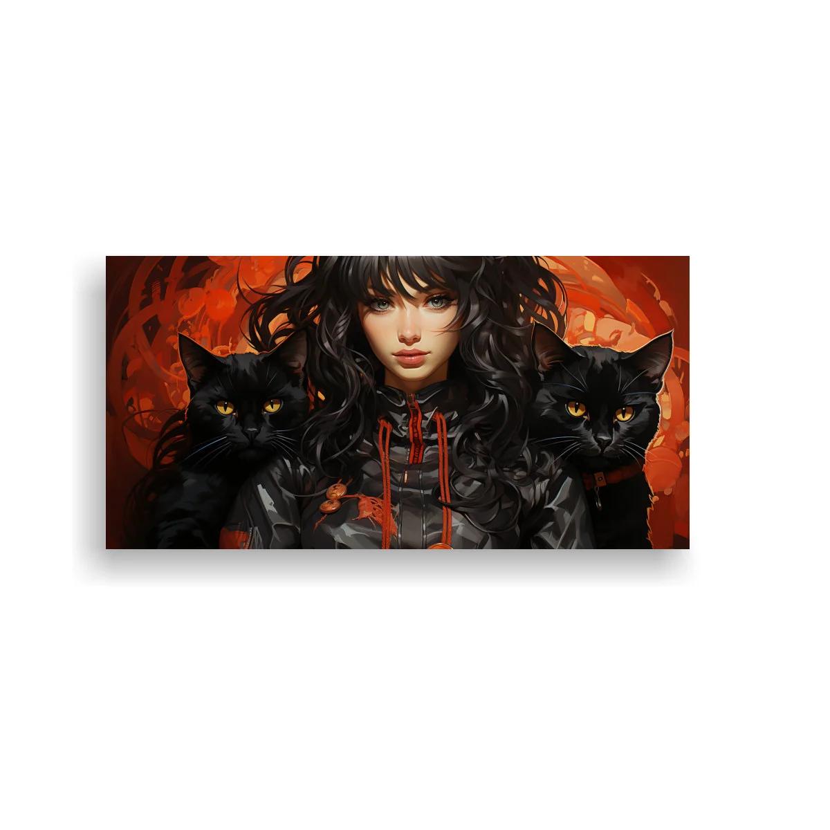 Cuadro mujer de cabello negro con dos gatos y luna roja