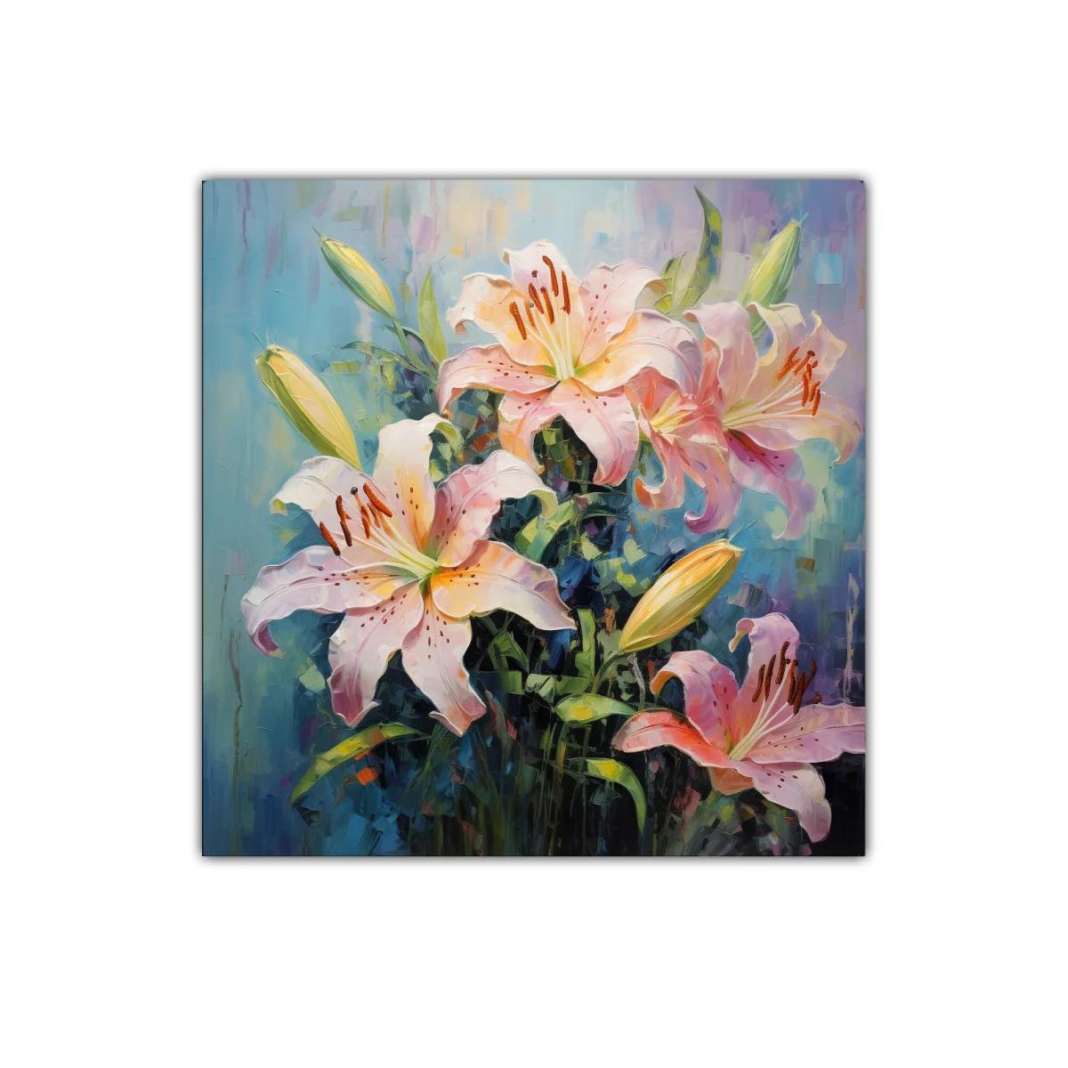 Cuadro con ramo de lirios rosa y verde vibrante — imagen principal