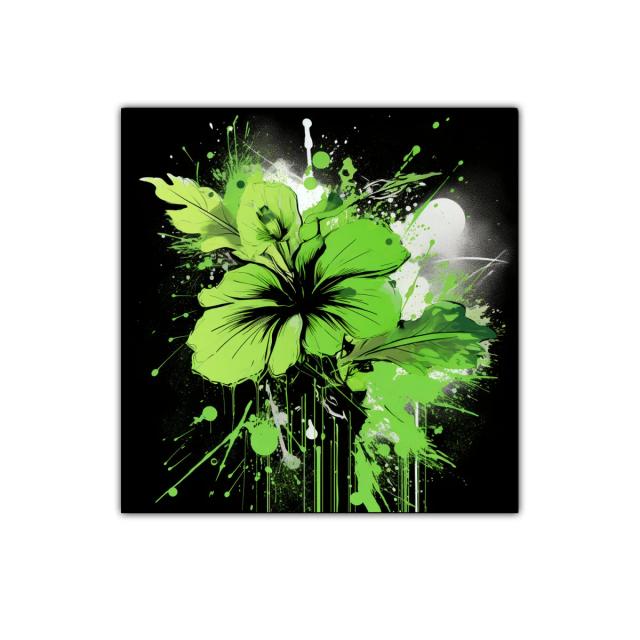 Flor verde vibrante con explosión artística sobre fondo oscuro