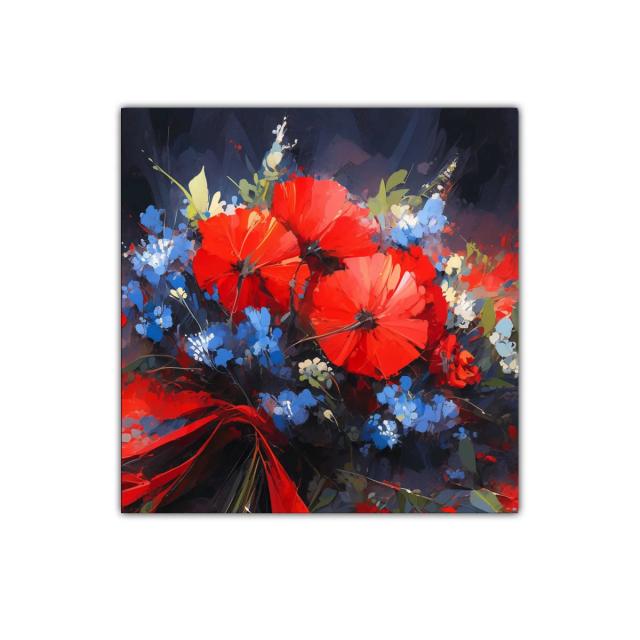 Llamativo ramo floral con amapolas rojas y flores azules