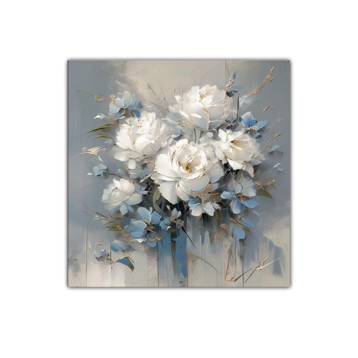 Cuadro decorativo con ramo de flores blancas y azules