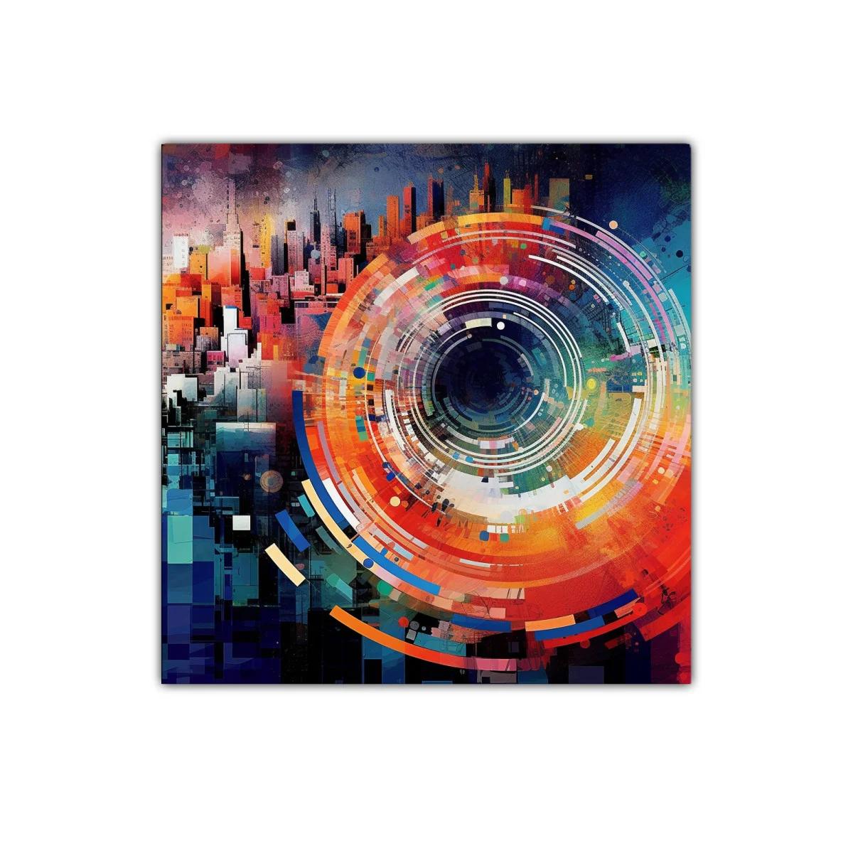 Explosión cromática con formas circulares y urbano abstracto — imagen principal