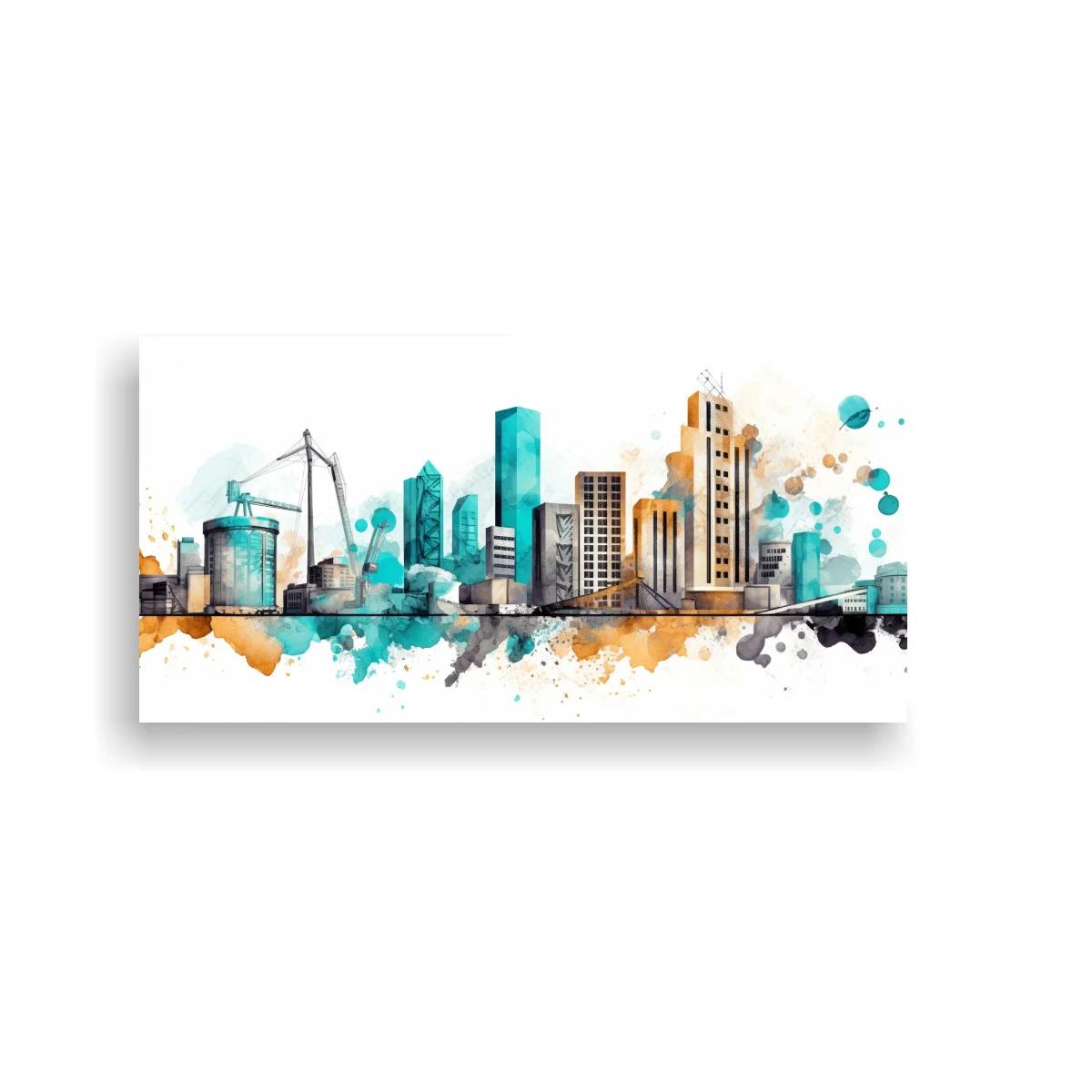 Cuadro skyline urbano con grúas en acuarela — imagen principal