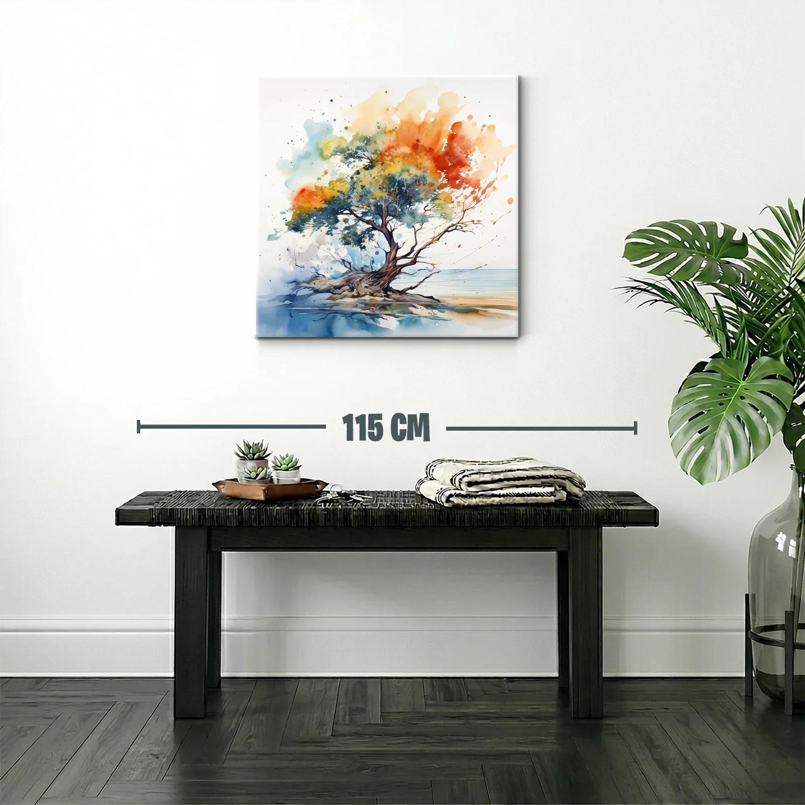 Árbol solitario con vibrantes tonos otoñales y azules suaves — miniatura 2