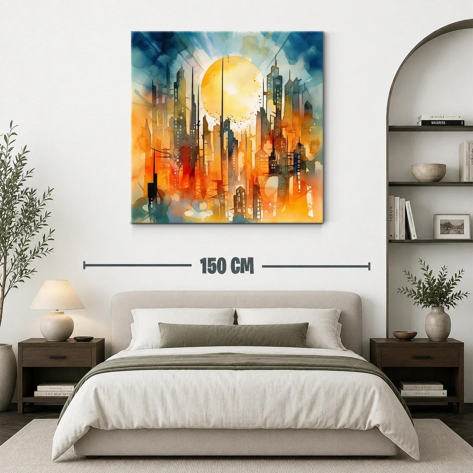 Ciudad futurista iluminada por un sol radiante en tonos cálidos — miniatura 3