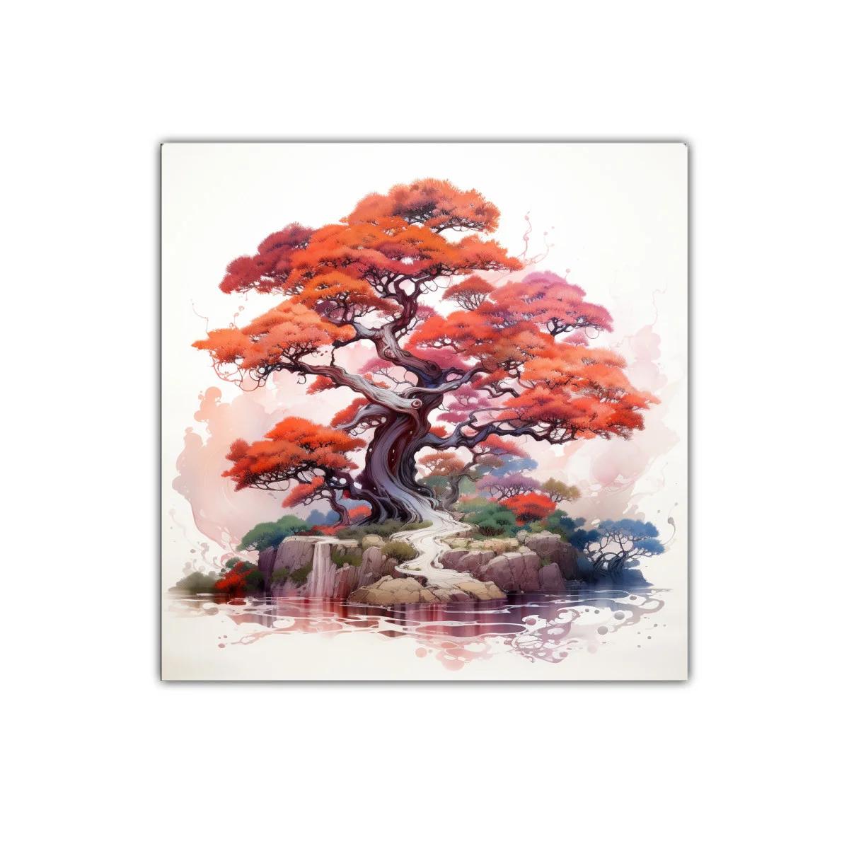 Árbol rojo y paisaje sereno con reflejo en el agua — imagen principal