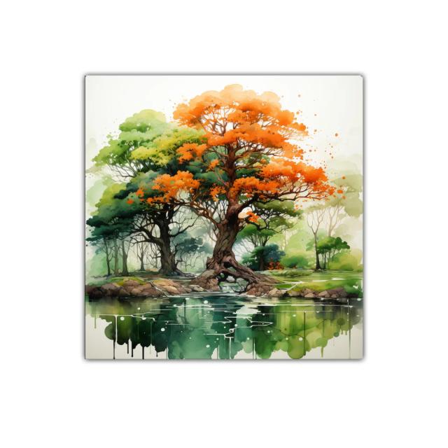 Árboles con hojas anaranjadas y verdes sobre lago tranquilo