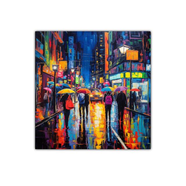 Avenida nocturna con paraguas coloridos y luces vibrantes