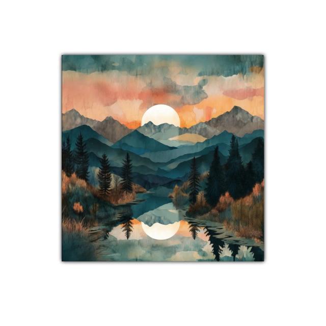 Paisaje sereno de montaña con reflejo al atardecer