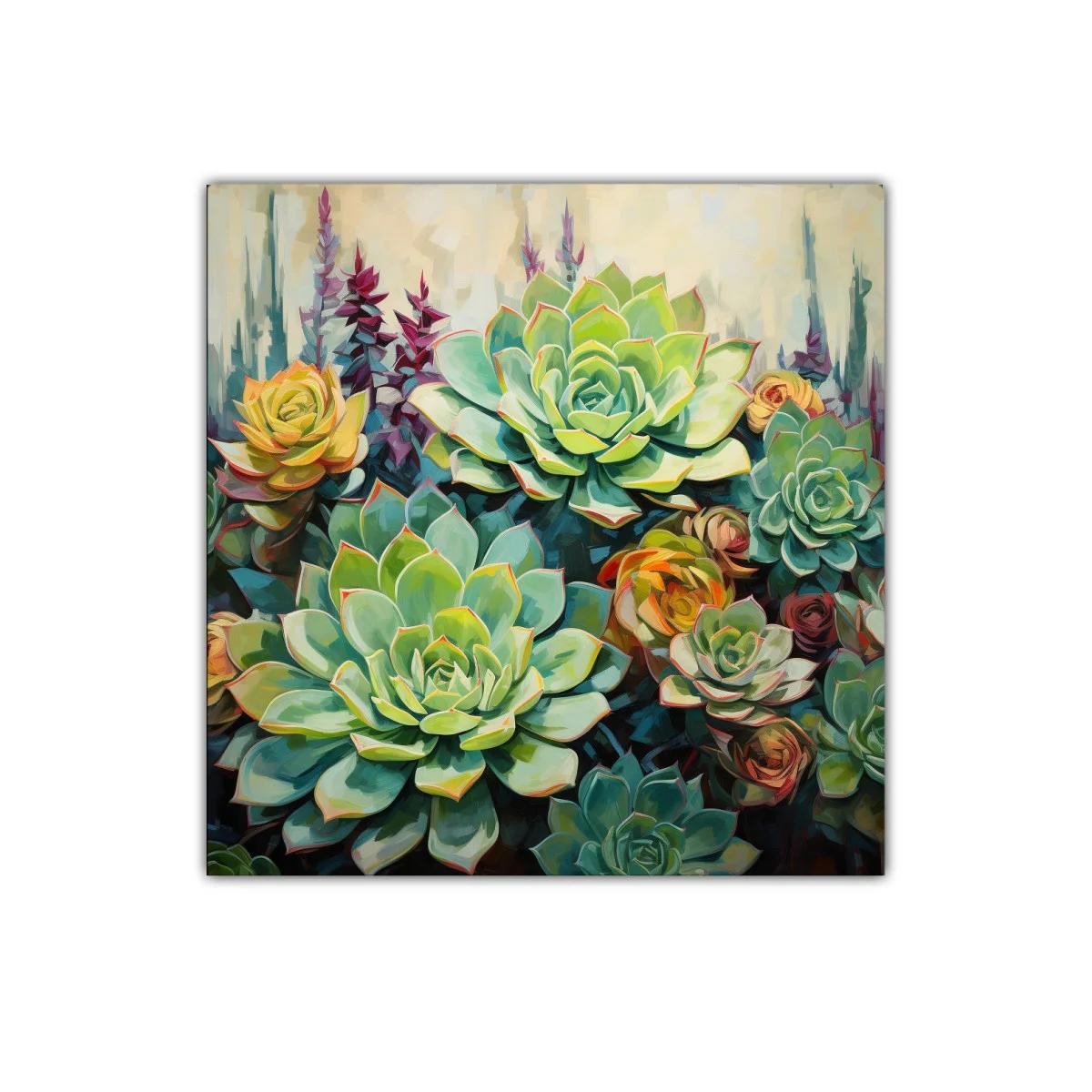 Cuadro decorativo con vibrantes suculentas en tonos verdes y amarillos