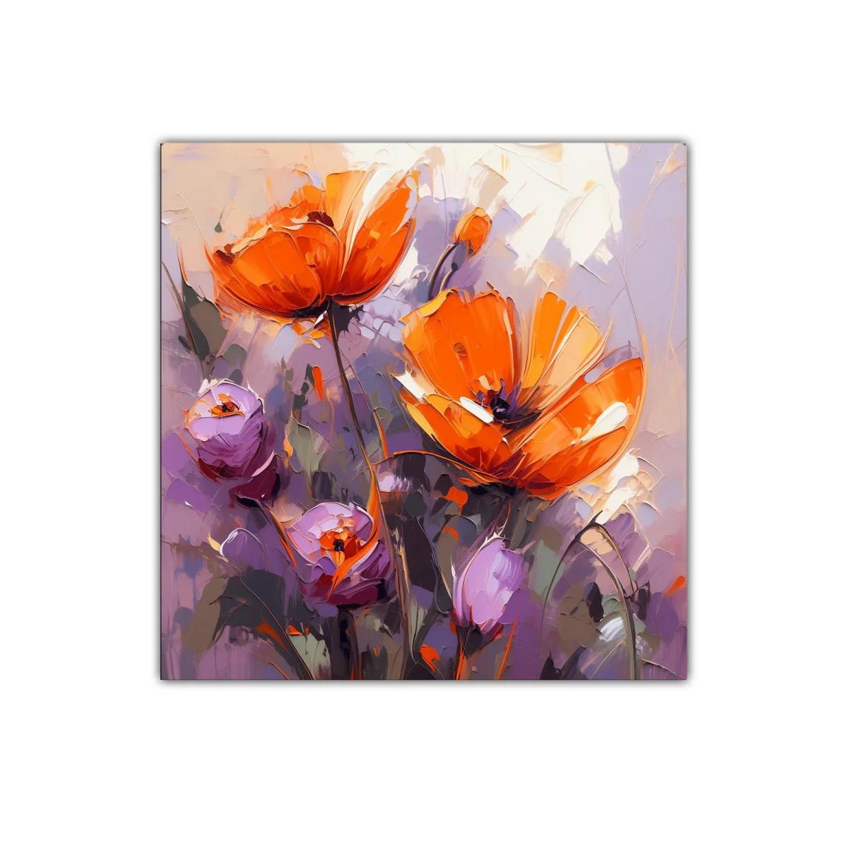 Cuadro floral vibrante con tonos naranja y morado — imagen principal