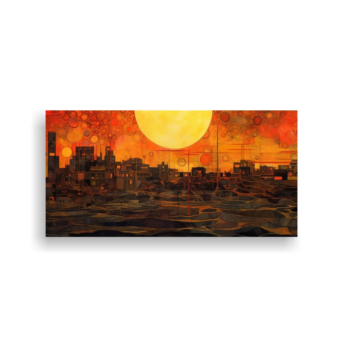 Cuadro skyline urbano al atardecer con gran sol dorado